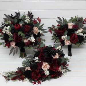 Cascading bouquet .Burgundy black green beige ivory flowers .Fall bridal bouquet . Faux bouquet. Fall wedding . Halloween wedding.Gothic black wedding bouquet. 5279