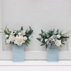 Pocket boutonniere in white and dusty blue color scheme. Flower accessories. Pocket flowers. Square flowers. 5282