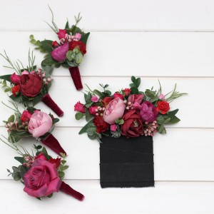  Wedding boutonnieres and wrist corsage  in magenta pink red color scheme. Flower accessories. 5280