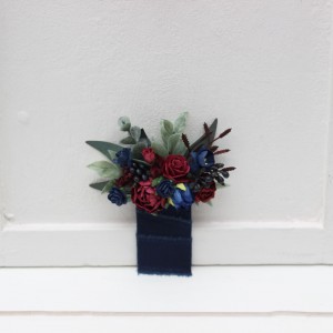Pocket boutonniere in a burgundy and navy blue color scheme. Flower accessories. Pocket flowers. Square flowers. 5307