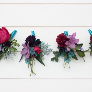  Wedding boutonnieres and wrist corsage  in teal magenta blue and purple color scheme. Flower accessories. 5225