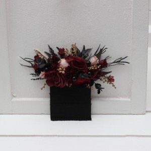 Halloween wedding. Pocket boutonniere in black burgundy gold beige  color scheme. Flower accessories. Pocket flowers. Square flowers. 0018