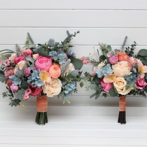 Spring summer wedding. Magenta peach coral dusty blue flowers. Bridal bouquet. Silk flowers. Pastel wedding. Wedding bouquet . Bridesmaid bouquet. 5286
